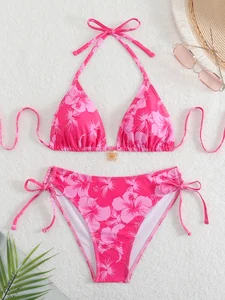 Factory Custom New Sexy Floral Print Front Metal Two Piece Bikini Triangle Halter Swimsuit Women High Waist Thong Swimwear