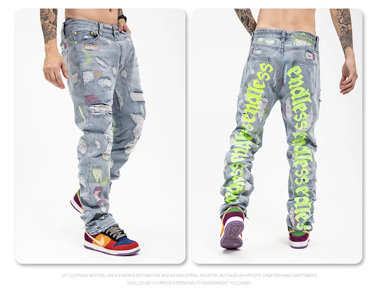 Fashion Embroidery LOGO Custom Denim Ripped High Street Custom Men's Jeans