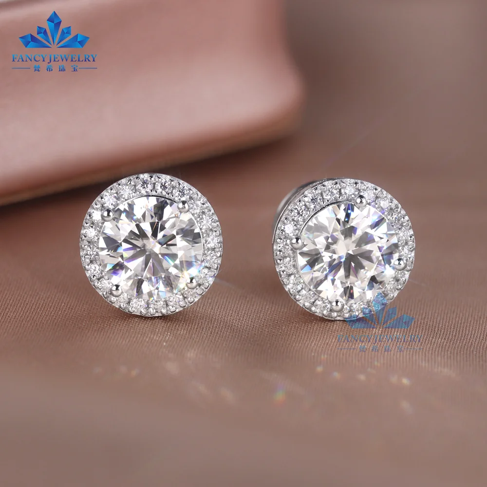 Classic Design 5mm 8mm Moissanite Diamond Def Vvs Round Moissanite  Push Back Halo Stud Earrings for Women