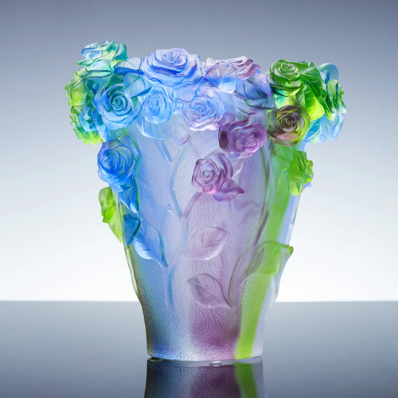 Luxury Antique Murano Crystal Vase High Quality Home Decorations Carved Rose flower Green Blue Color Casting Souvenir Gifts