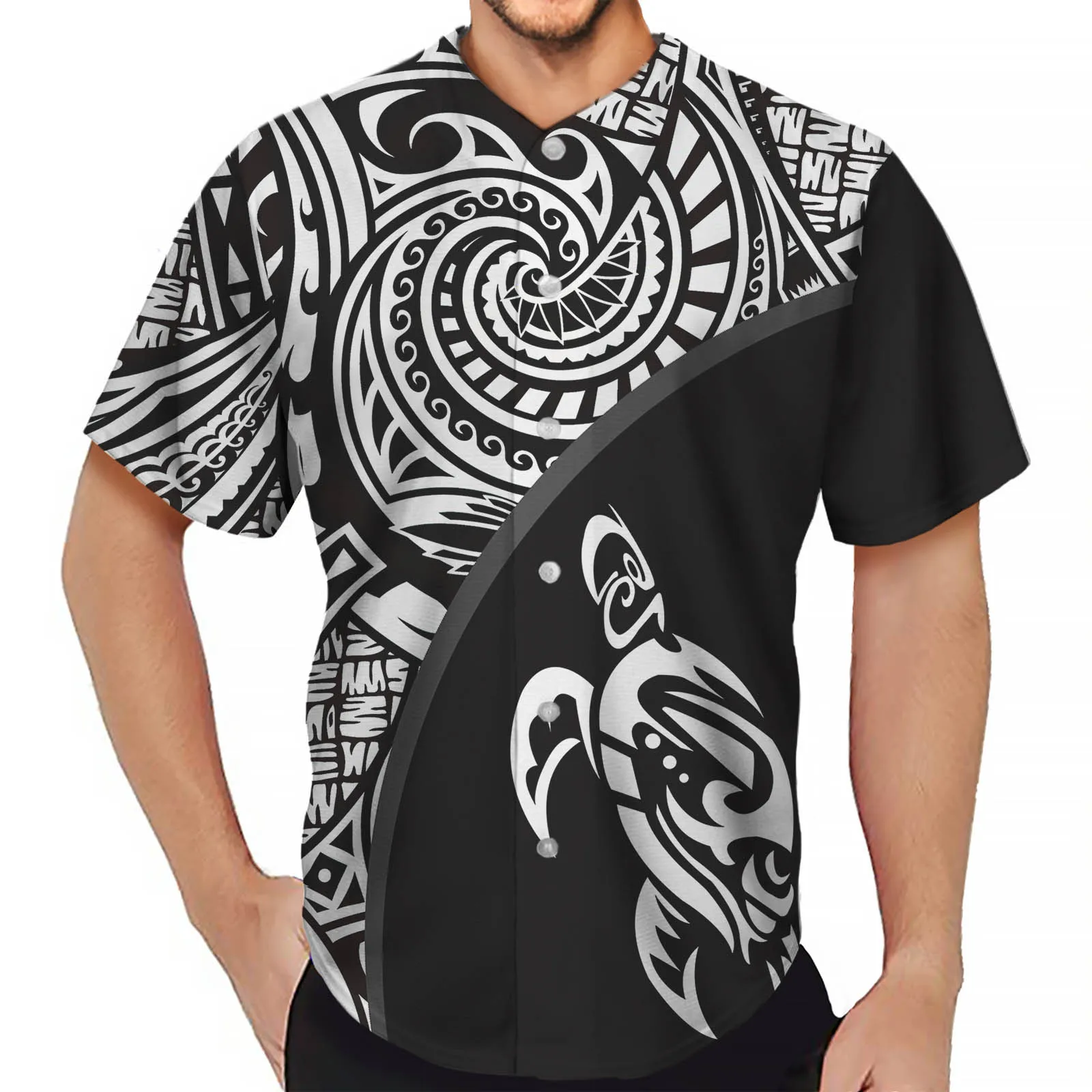 Wholesale Polynesian Tribal Tattoo Print Short Sleeve O-Neck