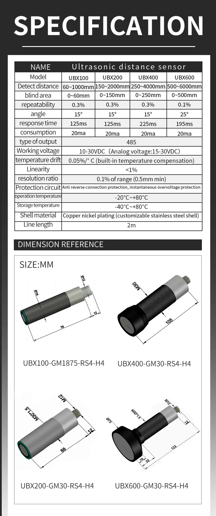 BXUAN waterproof  ultrasonic distance sensor rs485  non-contact   4  meters ultrasonic proximity sensor water level sensor details