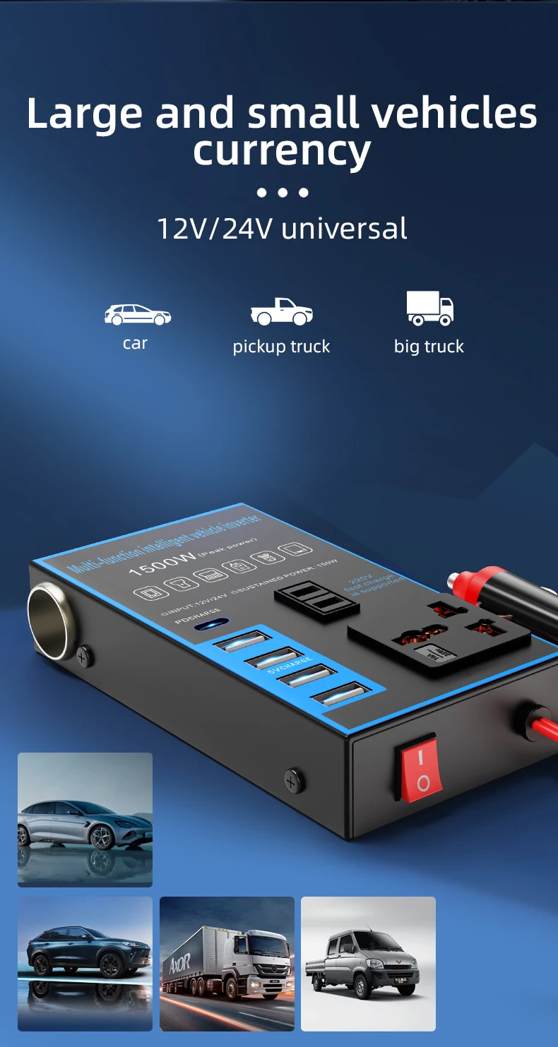 Car Multi-function 12V24VDC Converter AC220V USB Socket Fast Charge Car Power Inverter