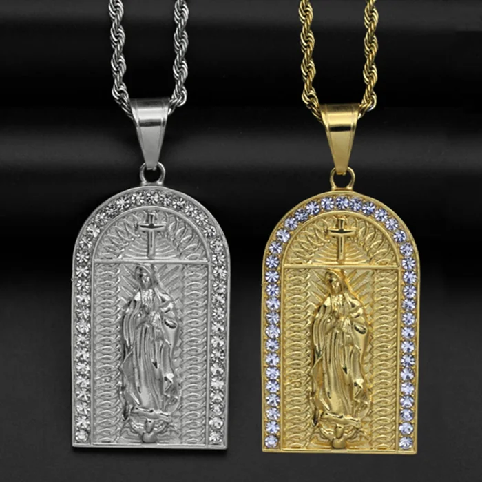 24k Gold Paved Zirconia Virgin Mary Charm Pendant Necklace
