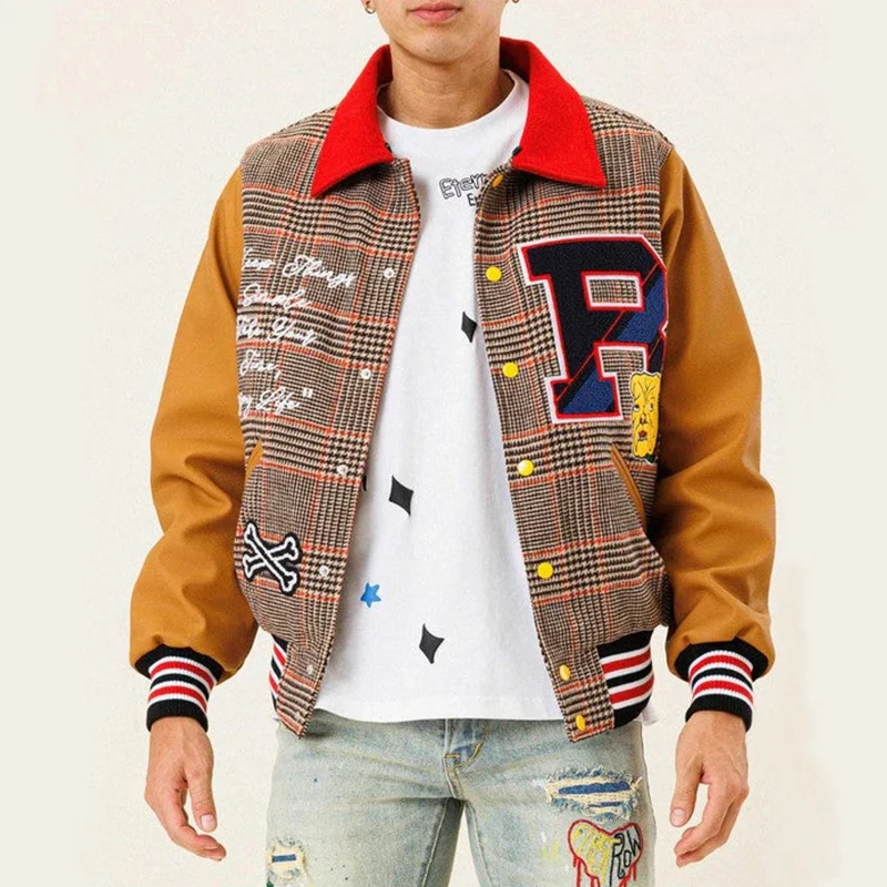 YUJIA Custom High Quality Leather Sleeve Chenille Embroidery Wool Bomber  Basketball Jackets for Women College Crop Stand Letter