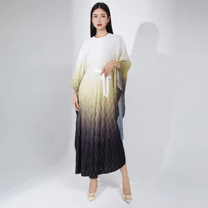 Elegant Plus Size Kaftan Dress Gradient Color Casual Style Pleats Ankle-Length Short Natural Waist Belt Heat Eco-Friendly