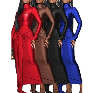 New Arrival Women New Fashion High Collar Belt Vintage Anti-Static Solid Color Long Dress Premium Ruffle Detail Evening Dress