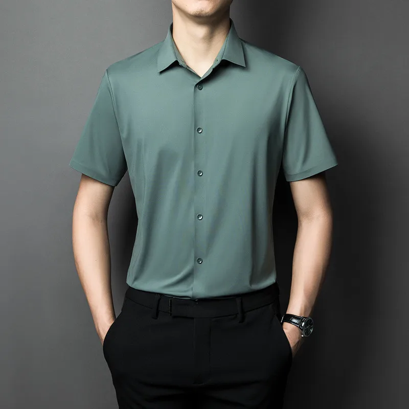 Custom high quality Short Sleeve high elastic Men Button Up Shirt Silk Shirts For Men Custom