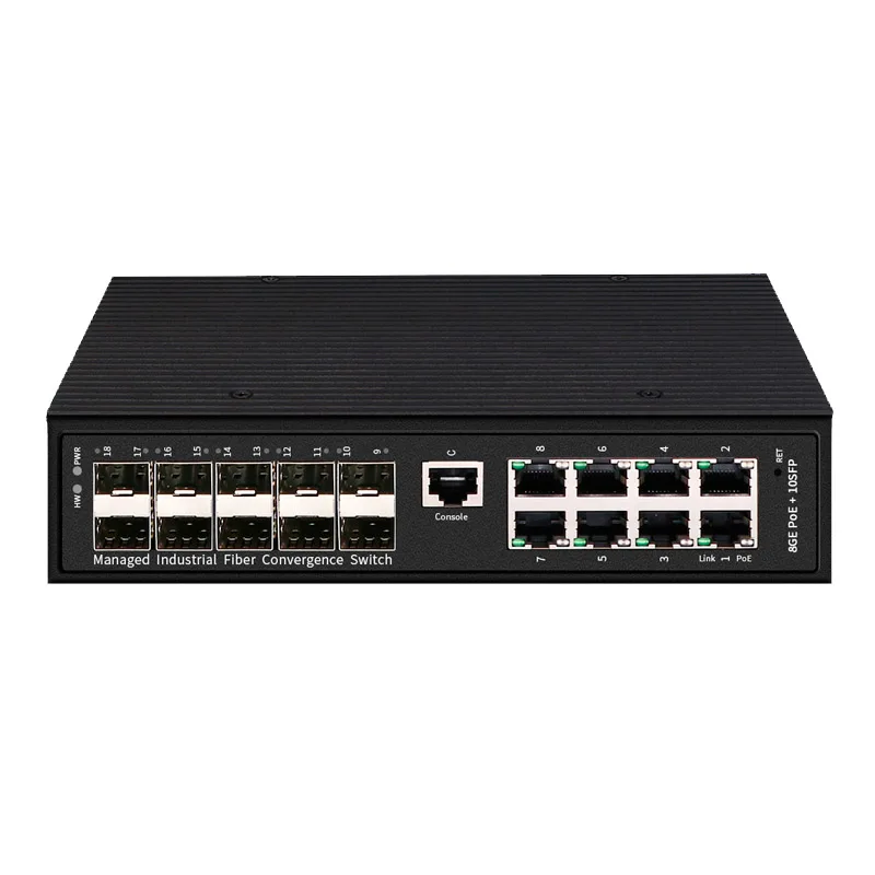 PINWEI DIN Rail Full Gigabit 8 PoE 10 SFP Vláknový Port Switch vrstvy 2 s podporou QoS Vlan IGMP