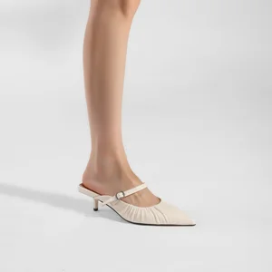 Moncheer Women's Pointed Toe Ruched Mules with Adjustable Strap Kitten Heel Slip-On Dress Shoes