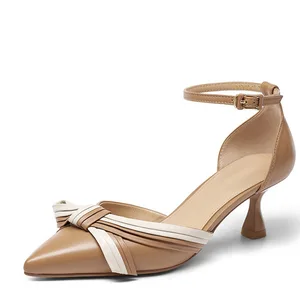 Women Beige Two Tone Leather Pointed Toe Pumps Ankle Strap Sculpted Kitten Heel Office Daily Date Comfort Wholesale