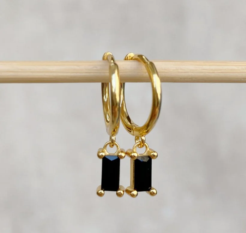 Vintage Style Earrings Hoop Bezel Jewelry Emerald Baguette Hoop Earrings Small Green Stone Crystal Gold Earring for Women