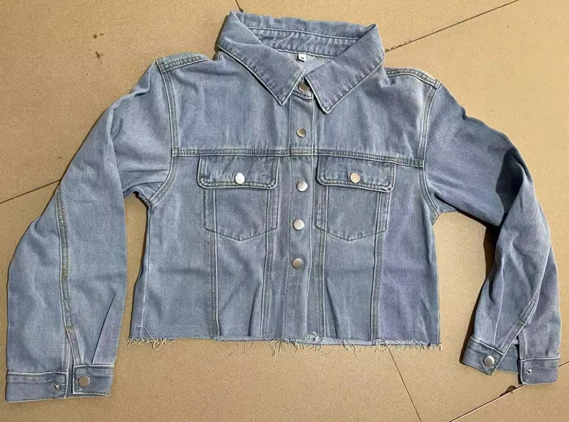 Channel Casual Basic Long Sleeve Button Down Frayed Hem Crop Top Denim Jacket for Women