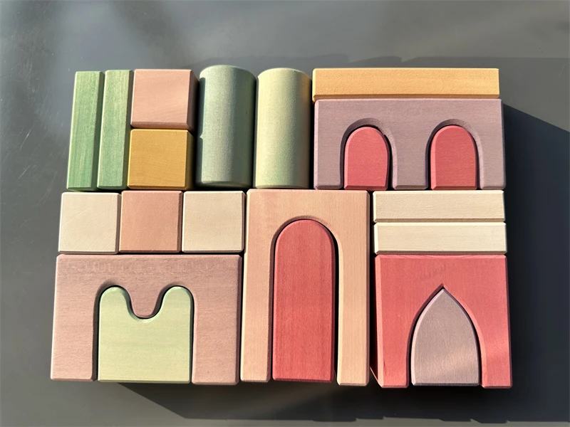 Wooden Building Blocks Set Stacking Castle Toys Handmade Pink Lime Wood