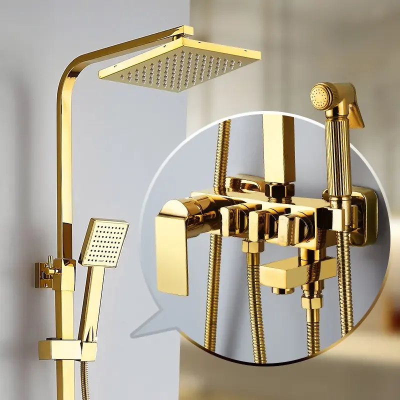 8inch Shower Set For Bathroom Gold Finished With Three Functions Brass