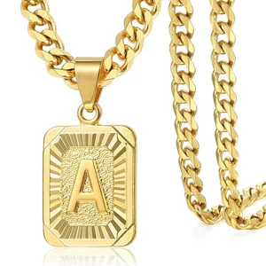 Manufacturer Rectangle Pendant Fashion Real 18k Yellow Gold Plated Hip Hop Cuban Link Initial Necklace Letter