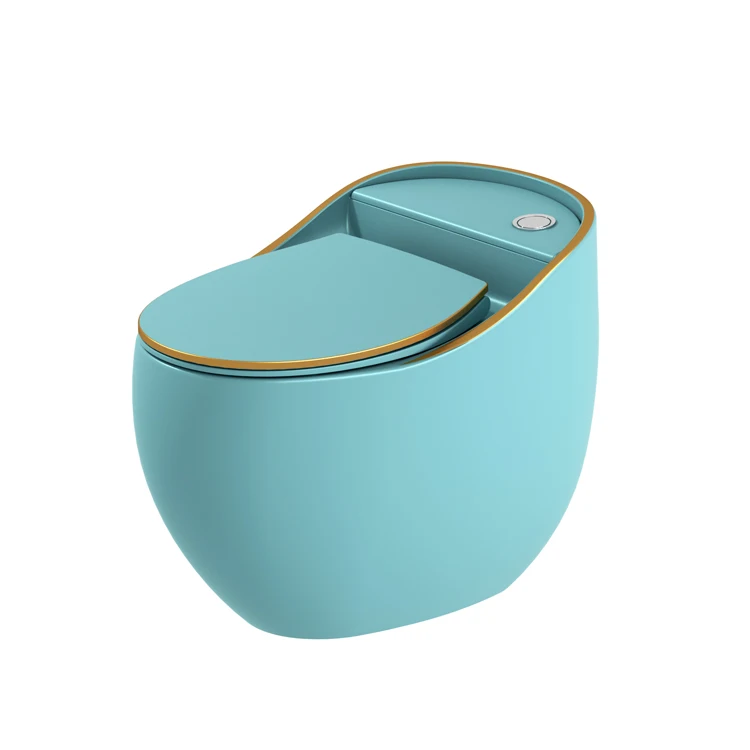 Modern hotel bathroom sanitary ware floor mounted round s trap one piece ceramic color egg shape toilet bowl with gold line details