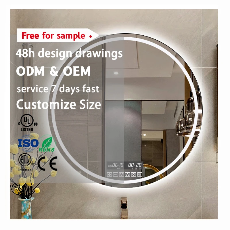 product hotel smart touch wall mounted digital clock display round led bathroom lighted mirror-0