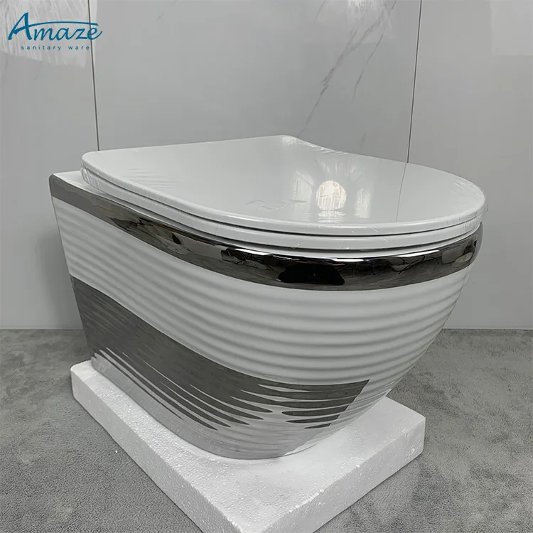 Modern good quality luxury style hide water tank bathroom wall mounted inodoro toilet bowl gild color ceramic wall hung toilet factory