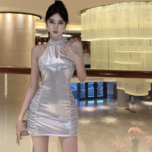 New Trendy Women Silver Sleeveless Casual Dress Sexy Nightclub Party Dress Dress