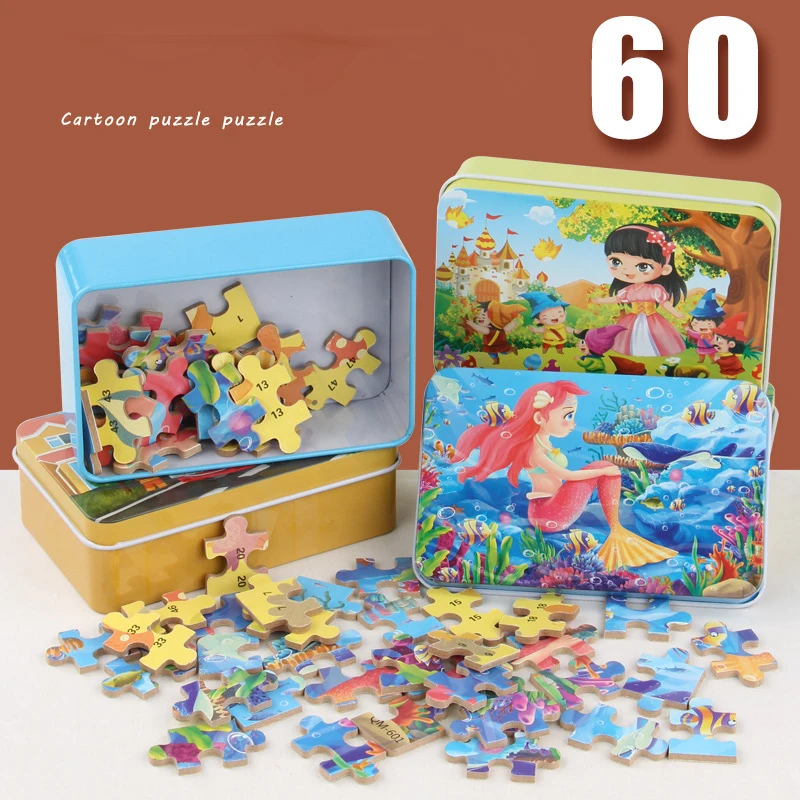 High quality 60 Pieces Tin Box Wooden Kids Puzzle Animal Dinosaur Mermaid Jigsaw Puzzle Wooden Toys Early Educational Toy