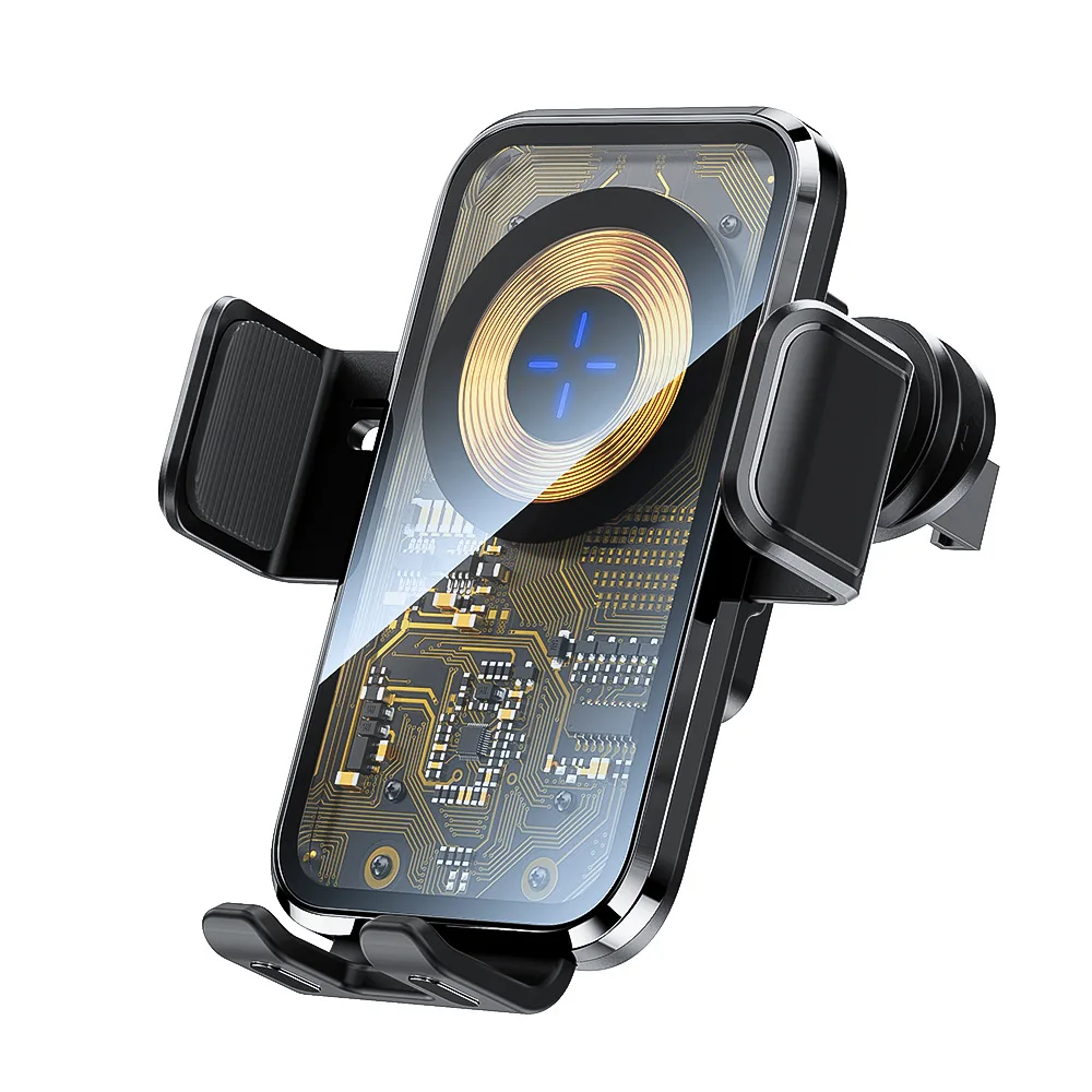 Cyber Punk Smart Touch Sensor Automatic Clamp 15W Fast Charger Transparent Car Air Vent Phone Mount Clip Holder Wireless Charger