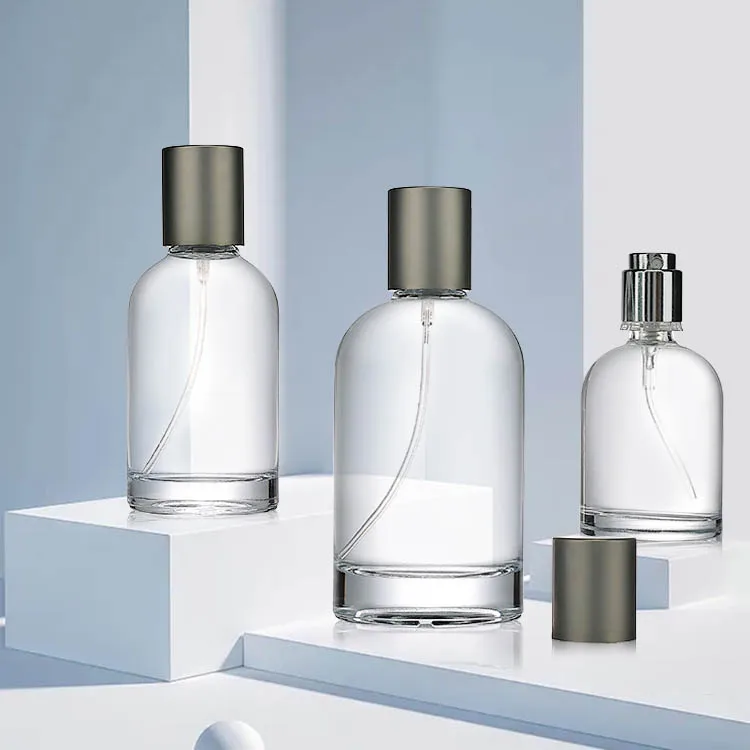Wholesale Perfume Bottles Manufacture 30ml 50ml 100ml Custom Refillable  Round Glass Perfume Bottle with Silver Golden Caps