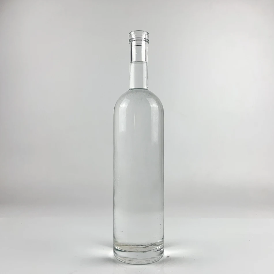 2025 Top Selling clear 70cl Vodka Bottle Round Shape Tequila Gin Bottle Long Neck Wine Whisky Bottle with Wooden Cork Sealing