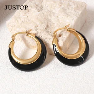 18K Gold Plated Polish Chunky Hoop Earrings Waterproof Stainless Steel Black and White Enamel Moon Shape for Women Gift