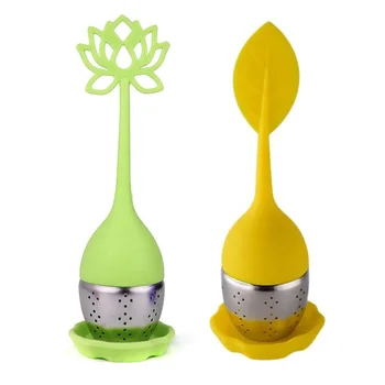 Lotus Shape Handle Stainless Steel Silicone Tea Infuser Diffuser Leaf Tea Strainer with Drip Tray for Loose Leaf or Herbal Tea
