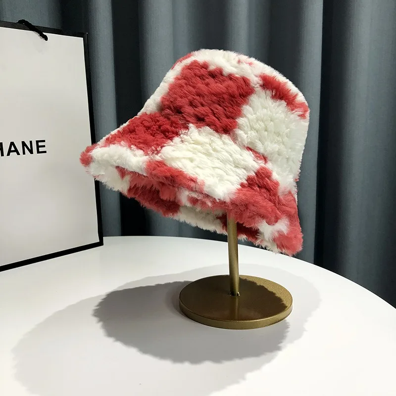 2022 Top Quality Patchwork  Custom Plaid Furry Fluffy Faux Fur Bucket Hat