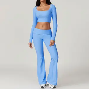 High Waist Sports Fitness Ribbed Long Sleeve Gym Active Wear 3 Pcs Workout Sets for Women Custom logo Flared Legging Set