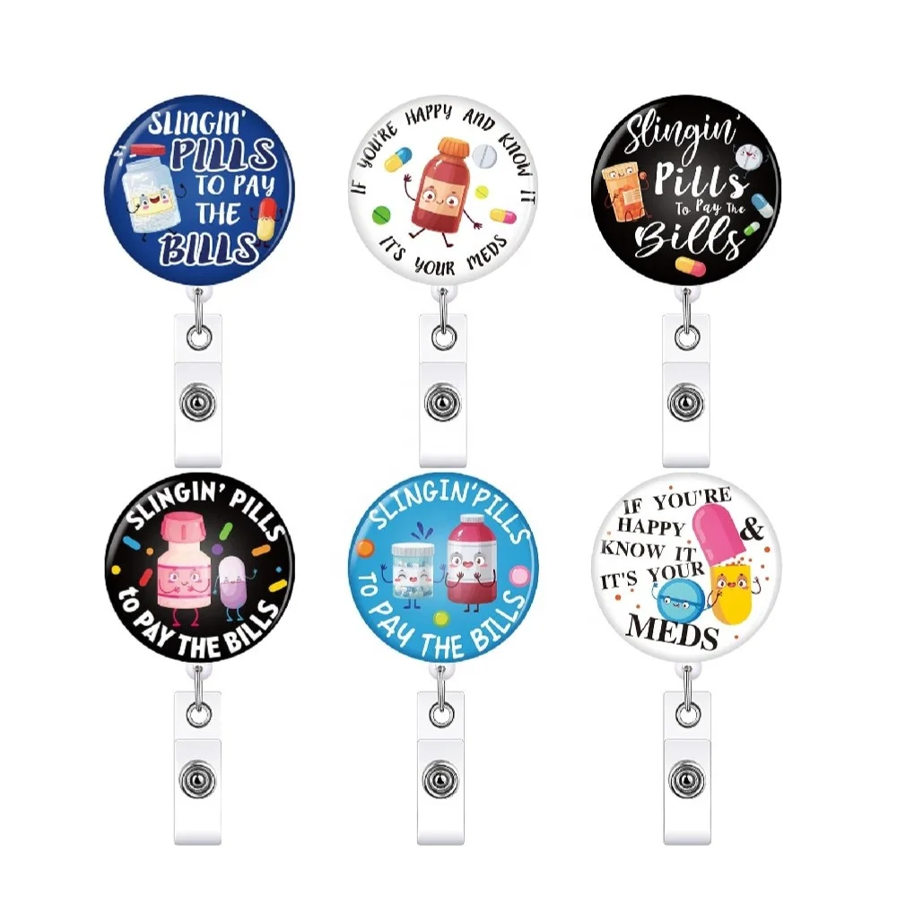 Pharmacy Tech 5 PC Nurse Badge Reel Holder Retractable ID Clips