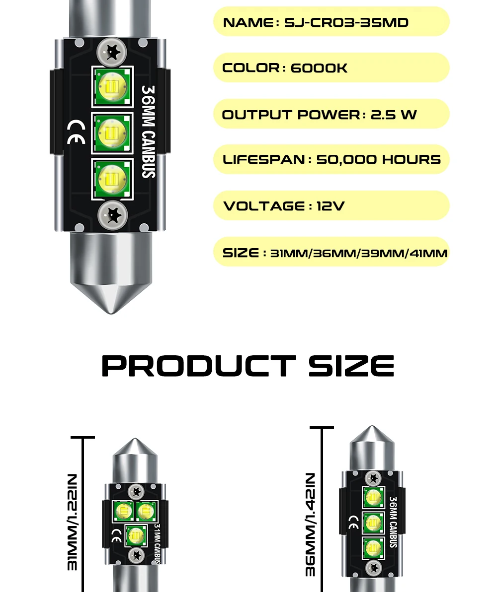 TECH-KING LED Double tip CREES 3smd 31mm 36mm 39mm 41mm DC12V White Light For Auto Lighting System Reading License plate light
