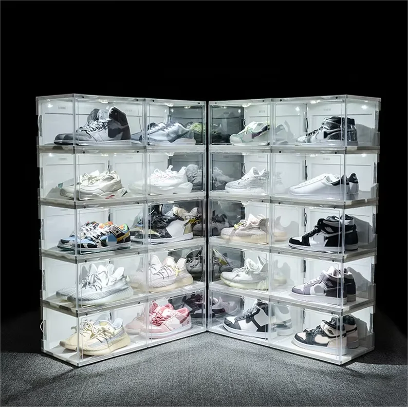 Side Open Magnetic clear Stackable Shoe Box Led Lights Acrylic Sound Control LED Light Shoe Storage Sneaker Boxes with Lighting