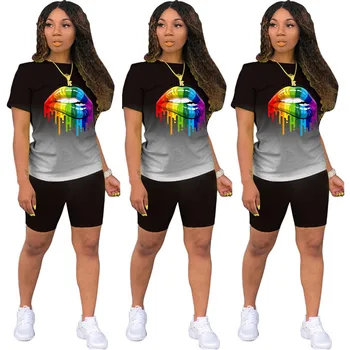 Women's oversized T-shirt, short sleeved gradient pants set, lip positioning printing, fashionable slim fit set