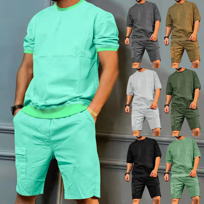 Wholesale Mens Tracksuit Solid Color Crew Neck Short Sleeve Shorts Joggers Plus Size men's sets766_voghion.com