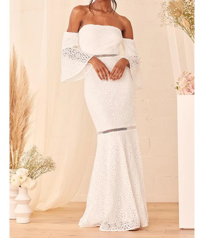 The New Fall 2021 White Long Slit Hollowed-Out Wedding Skirt Midwaist Lace Evening Dress