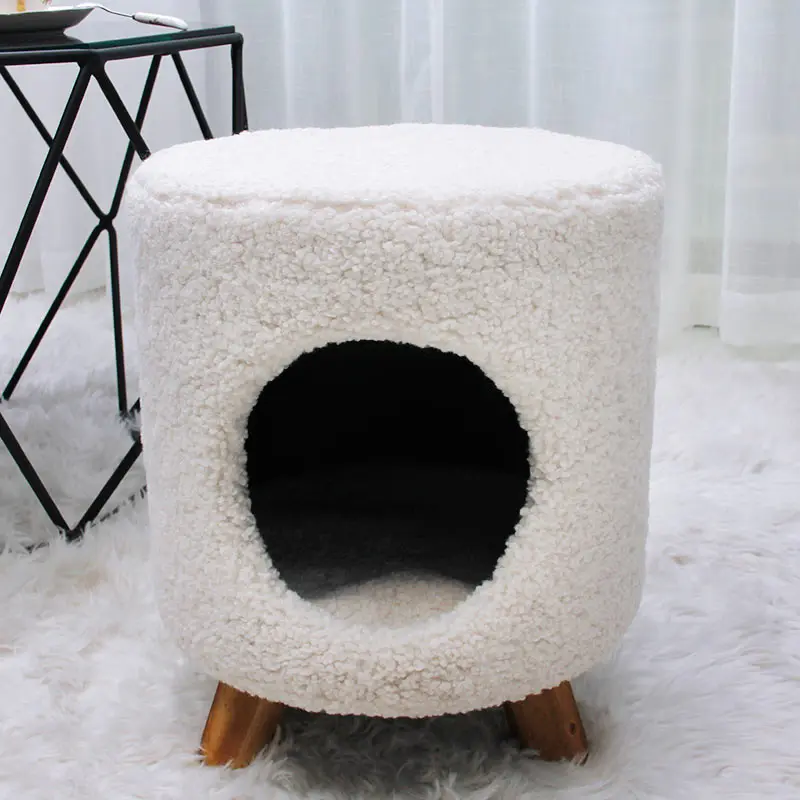 Customized Modern Seat Living Room Furniture Fake Fur Pet House Storage Ottomans Stool Chair with Wooden Legs