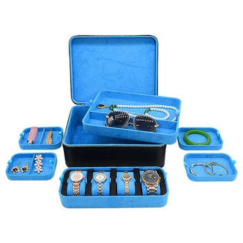 Hot Sale Watch And Jewellery Organizer Box Travel Black Leather Jewelry Carrying Case