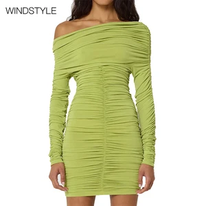 ODM/OEM Solid Color Satin Dress Halter Neck Long Sleeve Midi Pleated Skirt Casual Style Woven