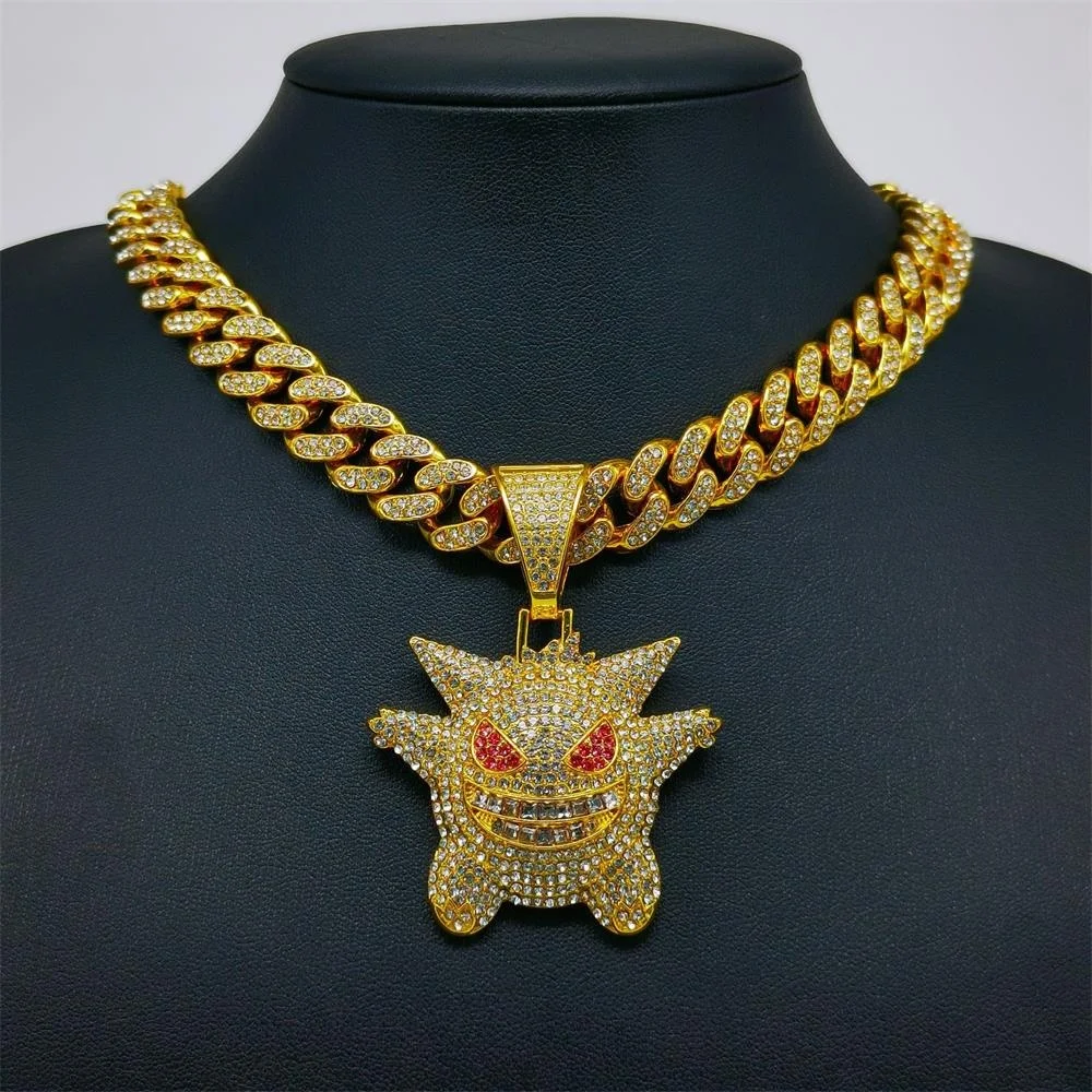 Iced Out Cuban Link Chain Necklace with Gengar Funny Elf Pendant