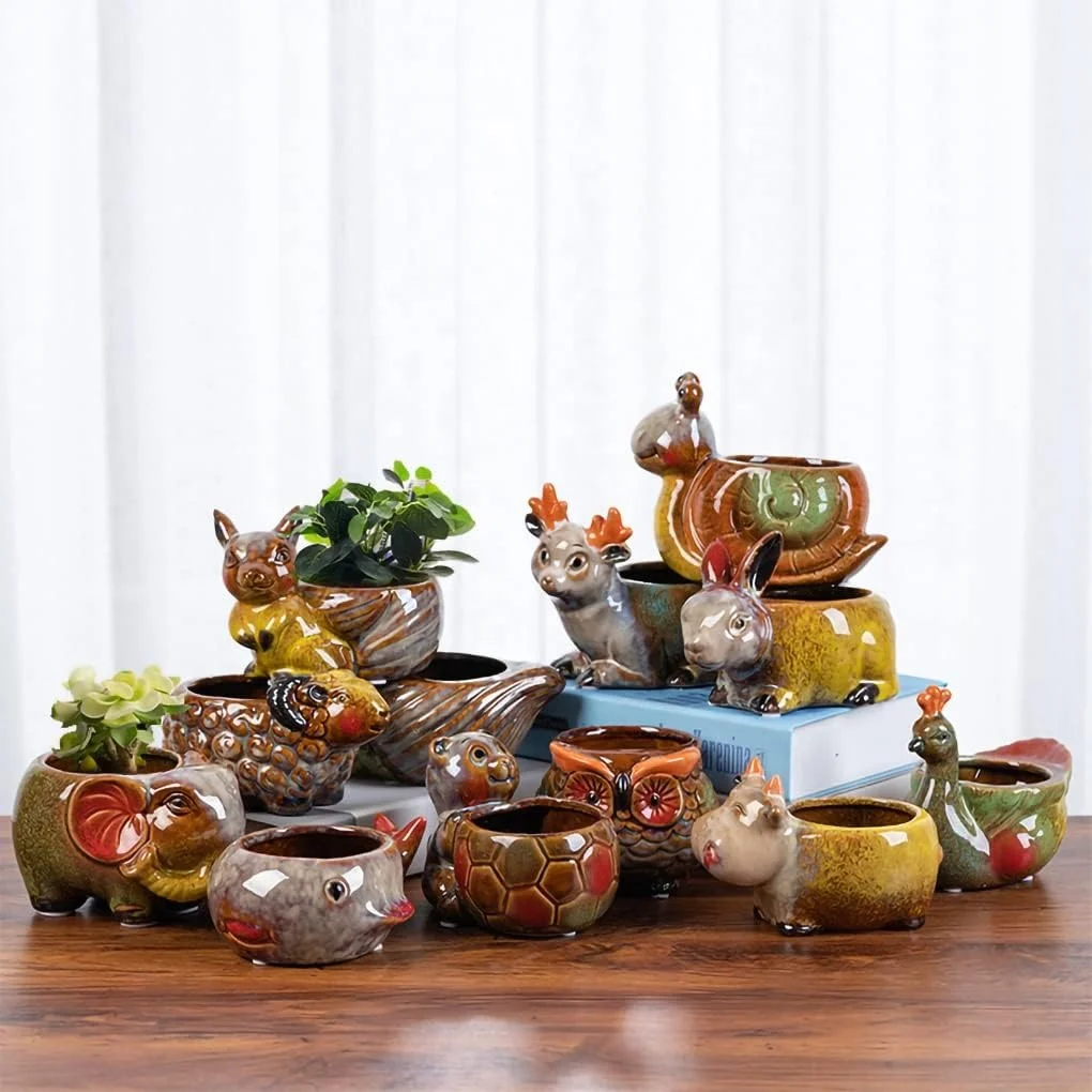 Indoor Plant Small Succulent Pots with Drainage Cute Animal Ceramic Flower Pot Succulent Planter for Home Office Desk Decoration