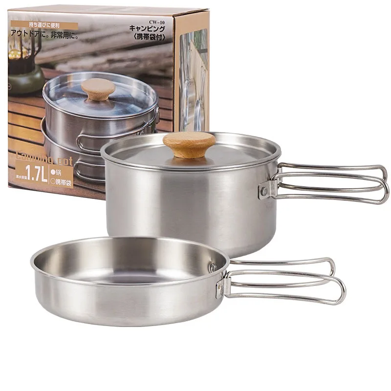 2pcs Outdoor Cooking Pots Set Stainless Steel Folding Handle Camping