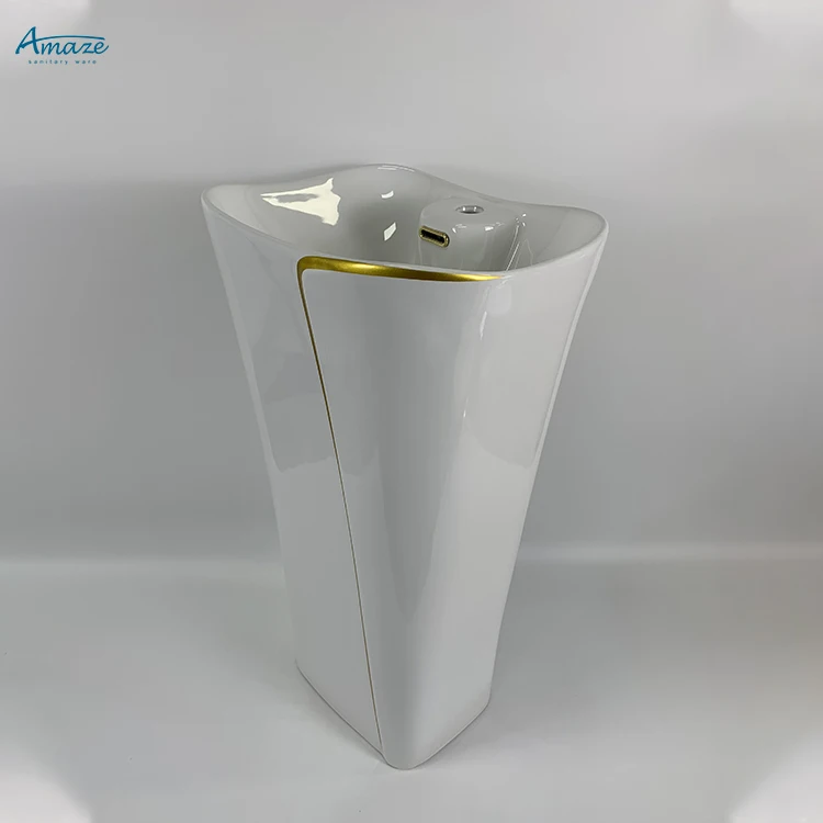 Modern lavatory square pillar gold line white one-piece ceramic bathroom sink wash hand pedestal basin factory