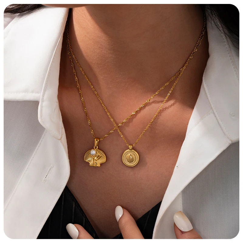 2025 New Arrival Fashion Pendant Chains Necklace Ocean Beach Shell Venus Pearl Charm Stainless Steel with Zircon for Women
