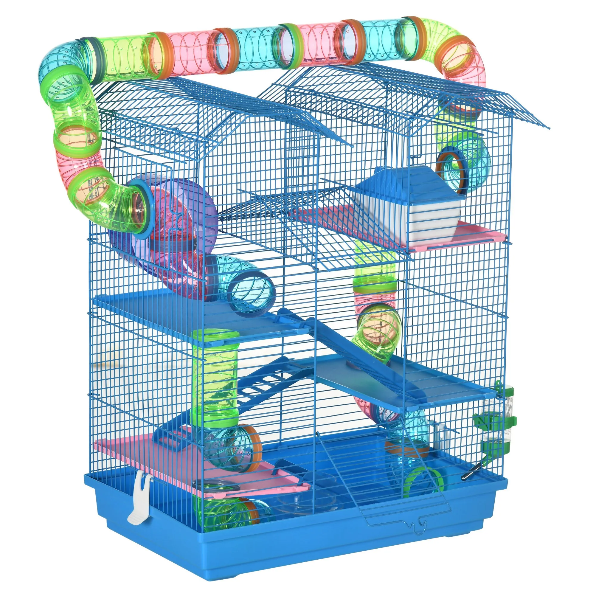 PawHut 5-Storey Hamster and Rodent Cage with Colourful Tubes, Wheel, House and Accessories Included, Blue, 47x30x59cm