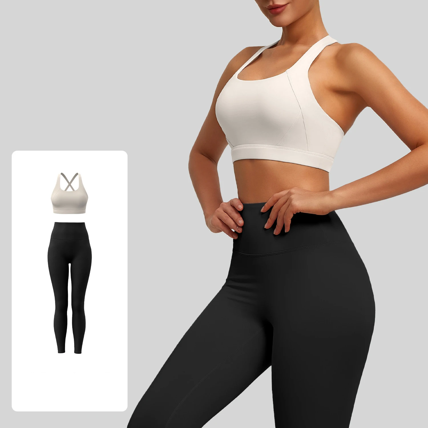 2026 Hot Style Solid Color High-Waist Peach Butt Yoga Pants Sports Leggings Halter Neck Beautiful Cross Strap Back Bra Yoga Set