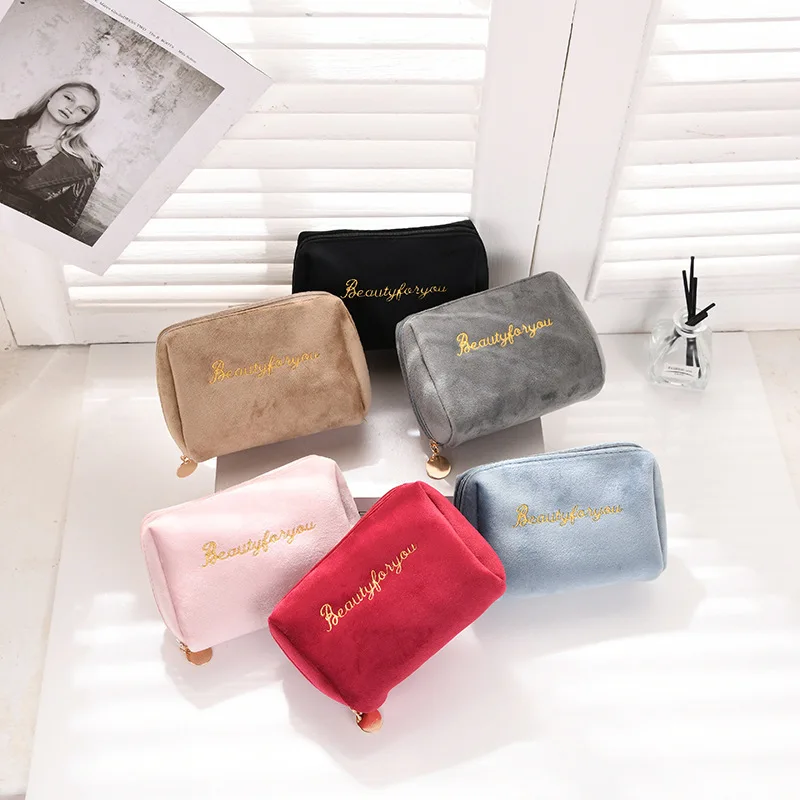 Luxury Embroidery Logo Zipper Ladies Brush Beauty Kit Bag Makeup Pouch Women Clutch Custom Velvet Ha