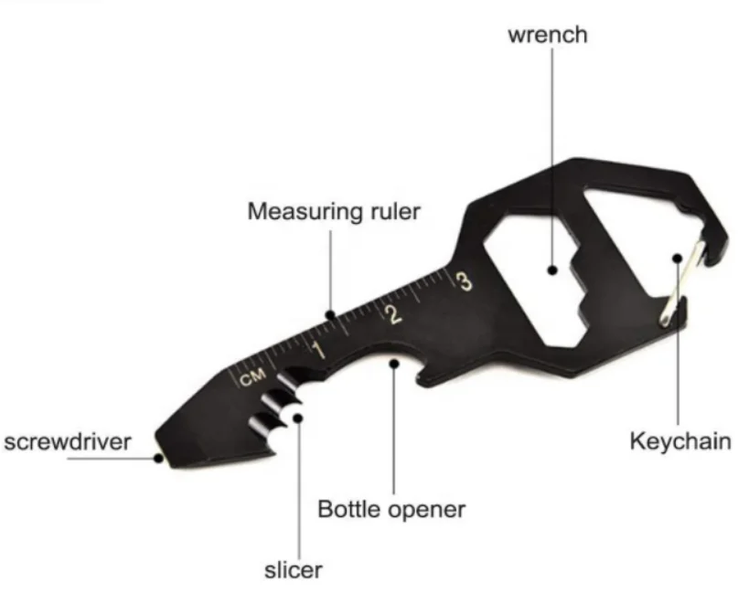 Stainless Steel Key Shape Design Edc Pocket Multitools Key Chain with Screwdriver Ruler Measuring 3 Size Hex Wrench Opener